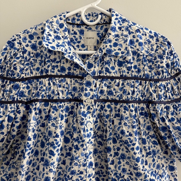 ANTHROPOLOGIE MAEVE THE LEANDRA SHIRRED YOKE TOP COTTON FLORAL BABYDOLL BLUE M - Picture 5 of 11